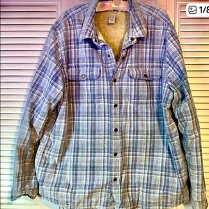 Vintage L.L. Bean Men's Blue and Gray Plaid Sherpa Lined Shirt Jacket
